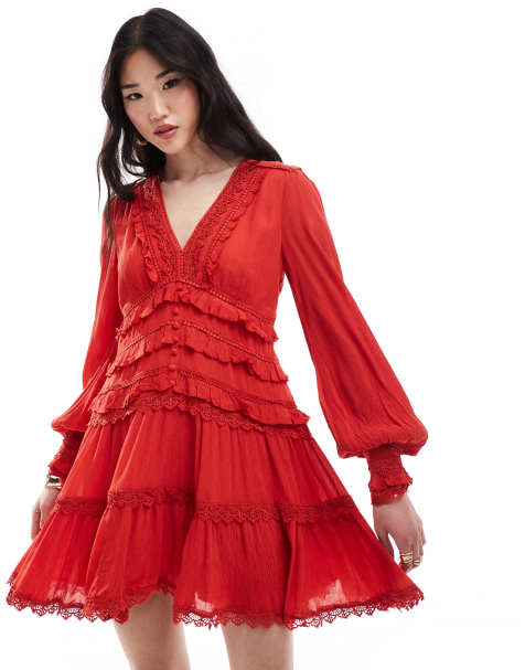 AllSaints Zora ruffle mini dress in red - view 1