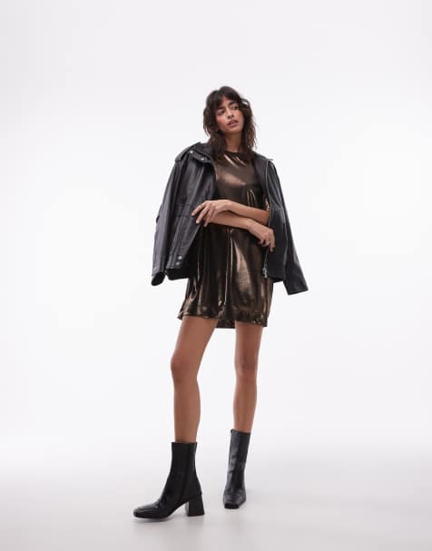 AllSaints – Złota sukienka t-shirtowa o połyskującym metalicznym wykończeniu - view 1