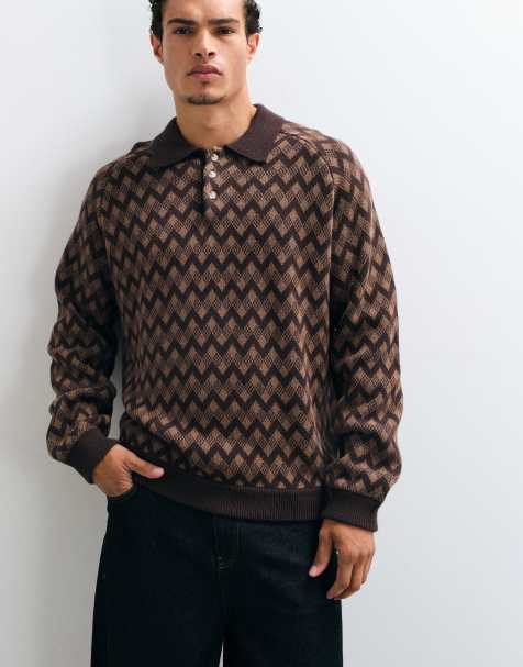 Alma De Ace 100% cotton Jiya long sleeve knitted polo in brown argyle print - view 1