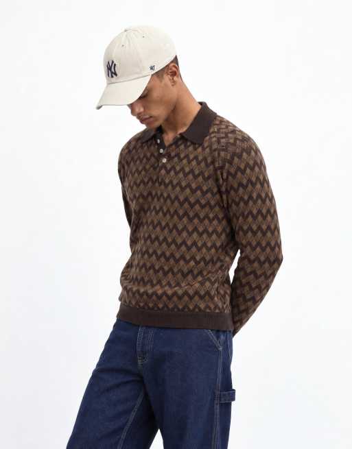 Alma De Ace 100% cotton Jiya long sleeve knitted polo in brown argyle print, 10 of 10