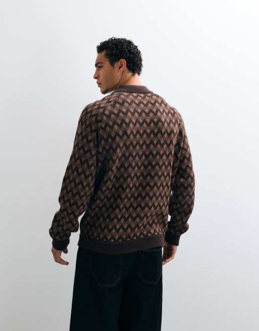 Alma De Ace 100% cotton Jiya long sleeve knitted polo in brown argyle print, 3 of 10