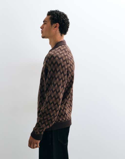 Alma De Ace 100% cotton Jiya long sleeve knitted polo in brown argyle print, 4 of 10
