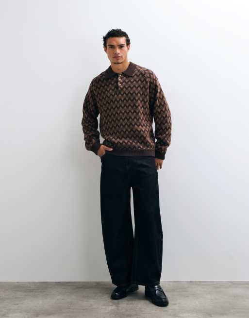 Alma De Ace 100% cotton Jiya long sleeve knitted polo in brown argyle print, 5 of 10