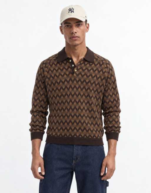 Alma De Ace 100% cotton Jiya long sleeve knitted polo in brown argyle print, 6 of 10