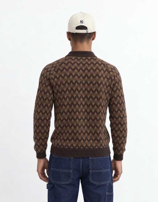 Alma De Ace 100% cotton Jiya long sleeve knitted polo in brown argyle print, 7 of 10