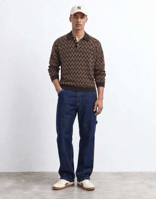 Alma De Ace 100% cotton Jiya long sleeve knitted polo in brown argyle print, 8 of 10