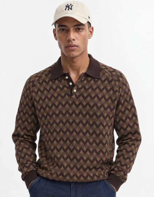 Alma De Ace 100% cotton Jiya long sleeve knitted polo in brown argyle print, 9 of 10