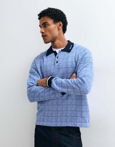 Alma De Ace 100% cotton Kimpton long sleeve polo shirt in blue check - view 1