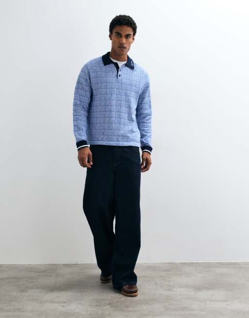 Alma De Ace 100% cotton Kimpton long sleeve polo shirt in blue check, 2 of 5