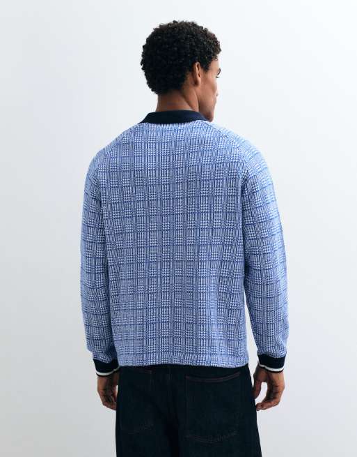 Alma De Ace 100% cotton Kimpton long sleeve polo shirt in blue check, 3 of 5