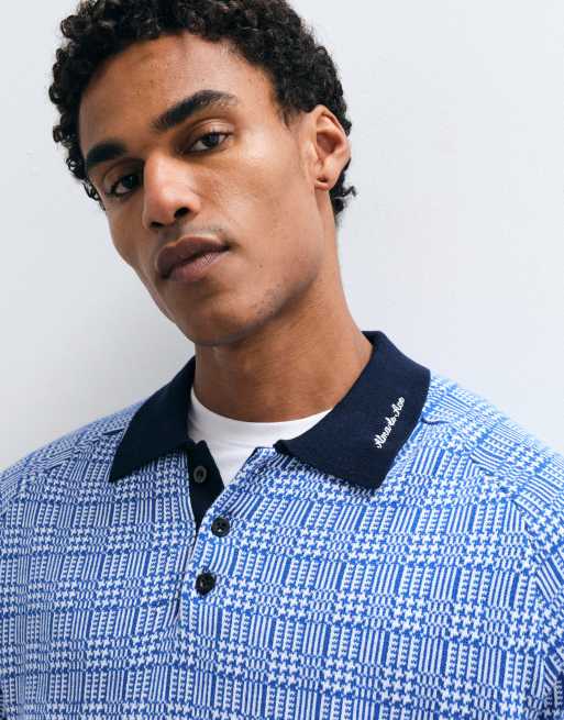 Alma De Ace 100% cotton Kimpton long sleeve polo shirt in blue check, 4 of 5