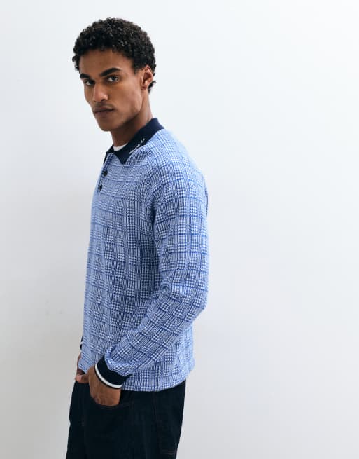 Alma De Ace 100% cotton Kimpton long sleeve polo shirt in blue check, 5 of 5