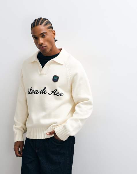Alma De Ace 100% cotton Lavella long sleeve knitted polo in cream