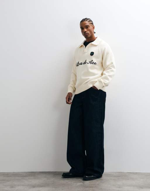 Alma De Ace 100% cotton Lavella long sleeve knitted polo in cream, 3 of 5
