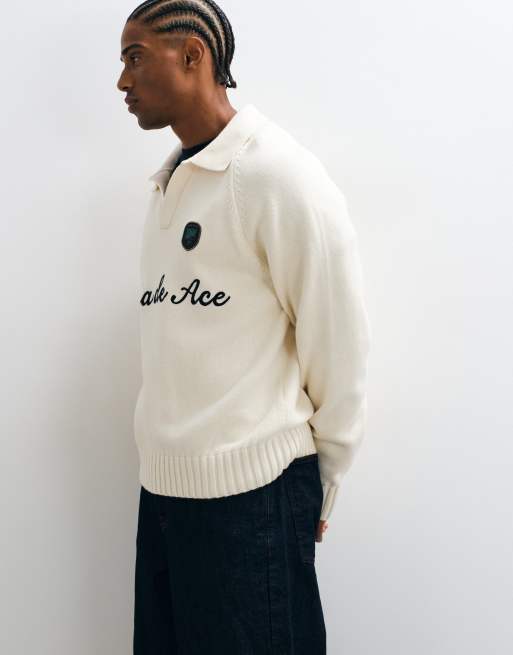 Alma De Ace 100% cotton Lavella long sleeve knitted polo in cream, 4 of 5