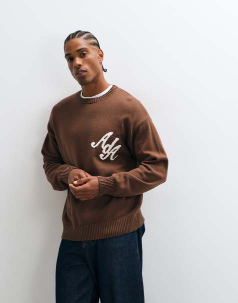 Alma De Ace 100% cotton logo script knitted jumper in brown - view 1