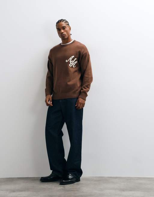 Alma De Ace 100% cotton logo script knitted jumper in brown, 3 of 5