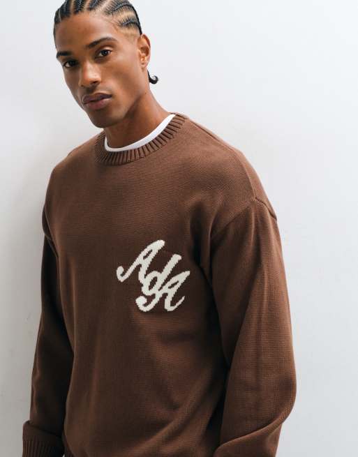 Alma De Ace 100% cotton logo script knitted jumper in brown, 5 of 5