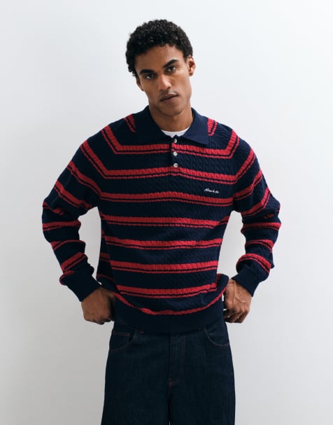 Alma De Ace 100% cotton Riley long sleeve knitted polo shirt in navy & red stripe - view 1