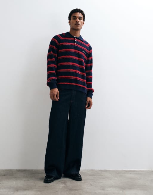 Alma De Ace 100% cotton Riley long sleeve knitted polo shirt in navy & red stripe, 2 of 5