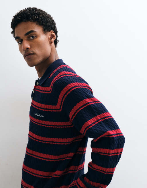 Alma De Ace 100% cotton Riley long sleeve knitted polo shirt in navy & red stripe, 3 of 5