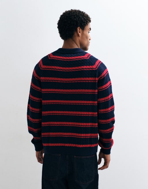 Alma De Ace 100% cotton Riley long sleeve knitted polo shirt in navy & red stripe, 4 of 5