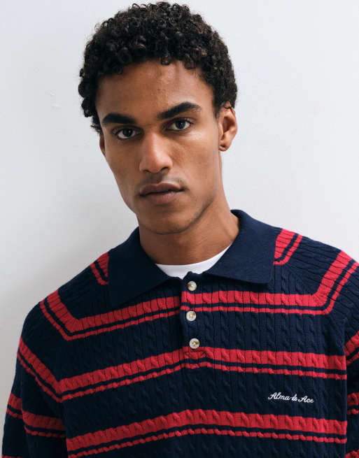 Alma De Ace 100% cotton Riley long sleeve knitted polo shirt in navy & red stripe, 5 of 5