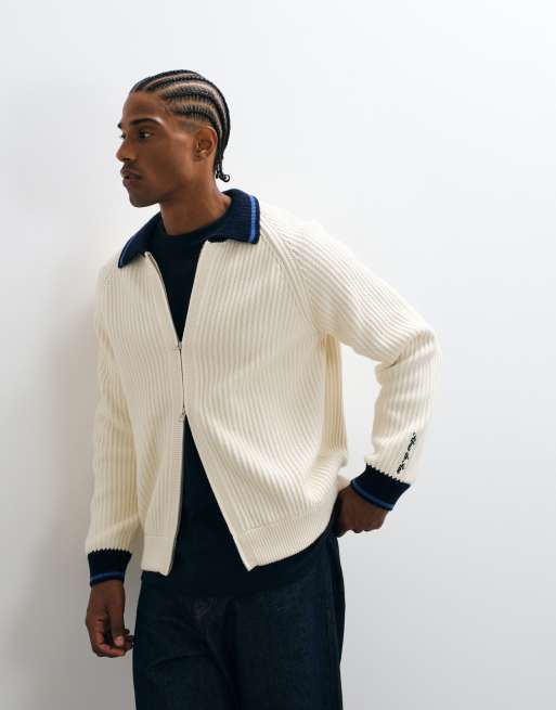 Alma De Ace 100% cotton Tenta ribbed zip up collar jacket in cream, 4 of 5