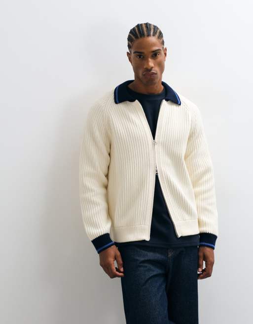 Alma De Ace 100% cotton Tenta ribbed zip up collar jacket in cream, 5 of 5
