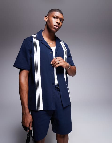 Alma de Ace - Camicia a maniche corte blu navy con righe in coordinato - view 1