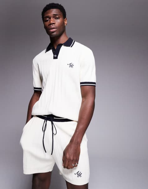 Alma de Ace - Gebreid polo-T-shirt met contrasterende randen in beige, deel van co-ord set - view 1