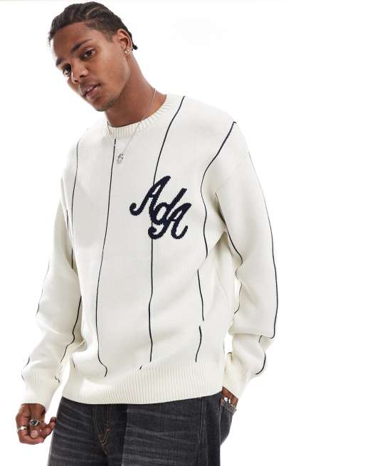 Alma de Ace logo knit stripe jumper in white , 3 of 4