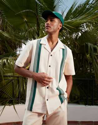 Alma De Ace Alma De Ace stripe detail short sleeve shirt co-ord in beige-White