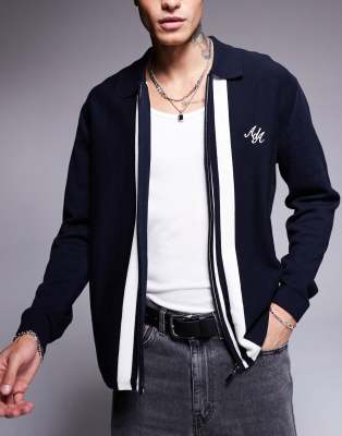 zip up knit sweater in navy