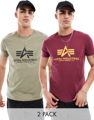 Alpha 2-pack chest logo t-shirt in olive and burgundy-Red