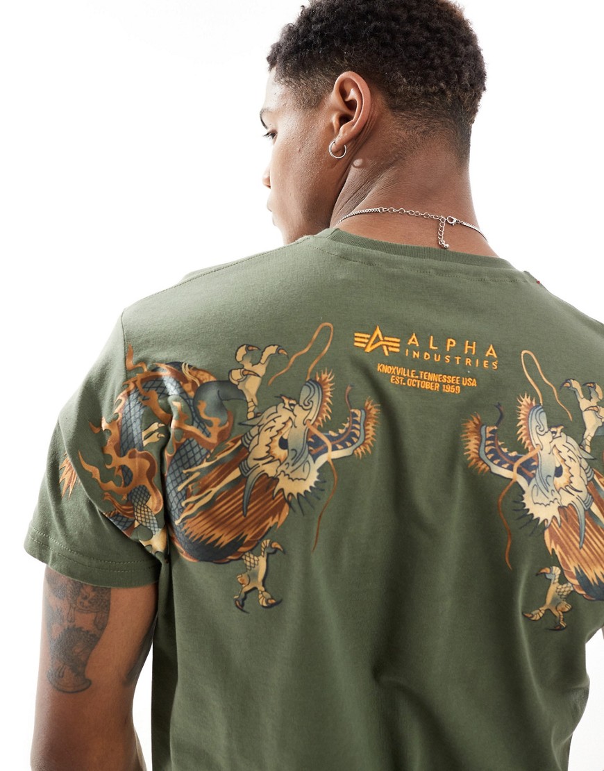 Alpha dragon back print t-shirt in dark olive green