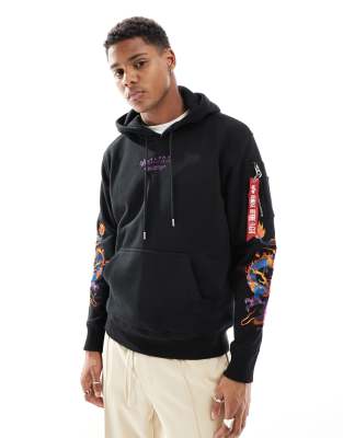 Alpha Dragon Embriodered Back And Sleeve Print Hoodie In Black
