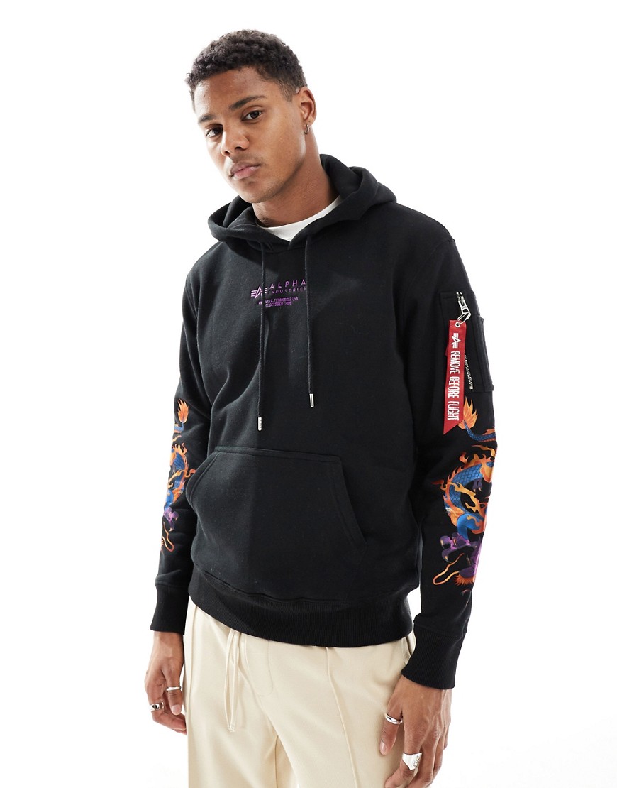Alpha dragon embriodered back and sleeve print hoodie in black
