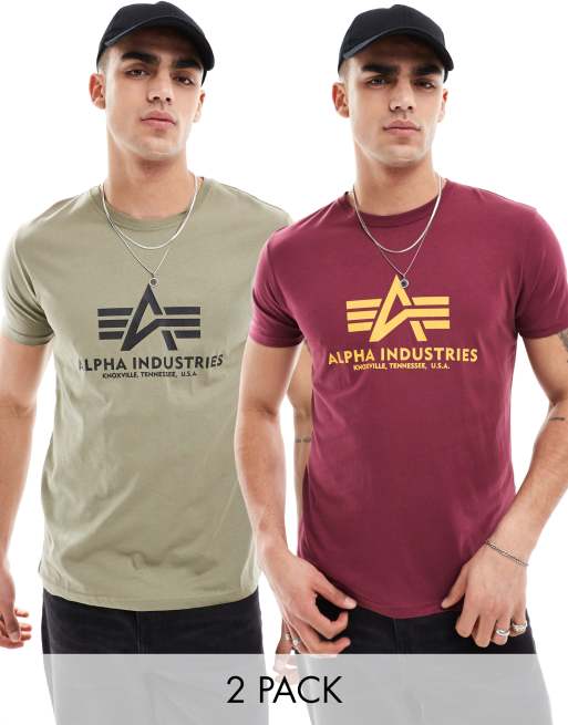 Alpha Industries 2 pack chest logo t shirt in olive and burgundy ASOS