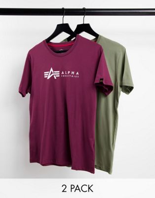 Alpha Industries 2 pack label logo t-shirt in olive/burgundy