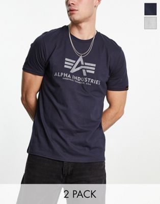 Alpha Industries 2 pack logo basic t-shirt in grey/navy - ASOS Price Checker