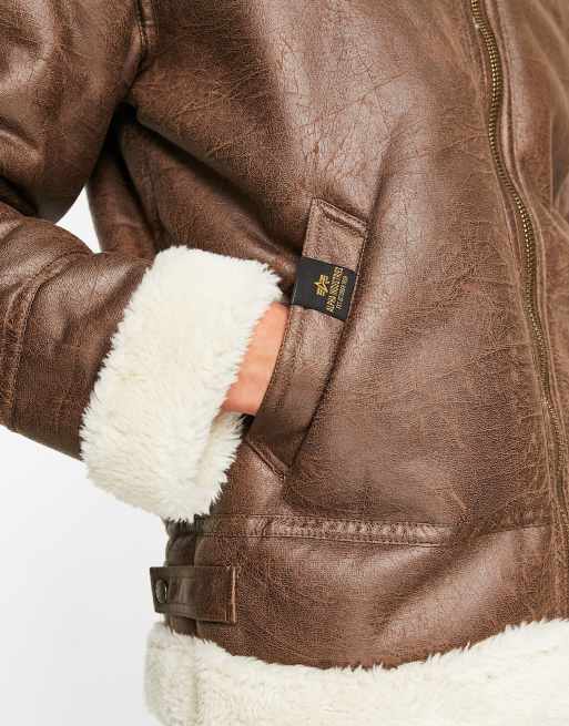 Alpha Industries – B3 – Brązowa kurtka pilotka z imitacji skóry z kożuszkiem, 3 z 4