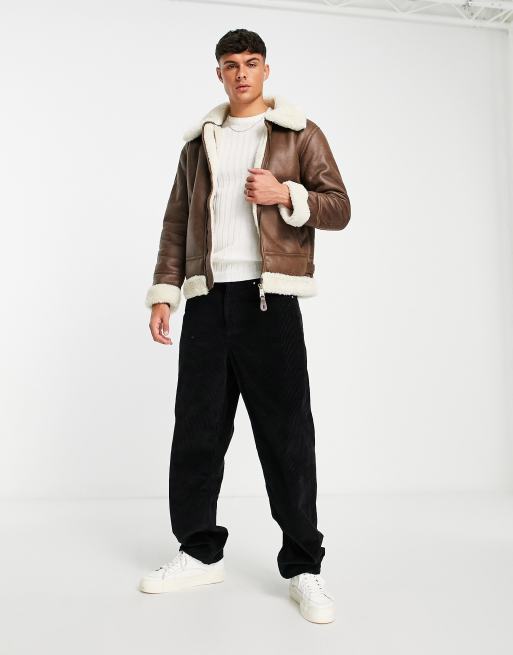 Alpha Industries – B3 – Brązowa kurtka pilotka z imitacji skóry z kożuszkiem, 4 z 4