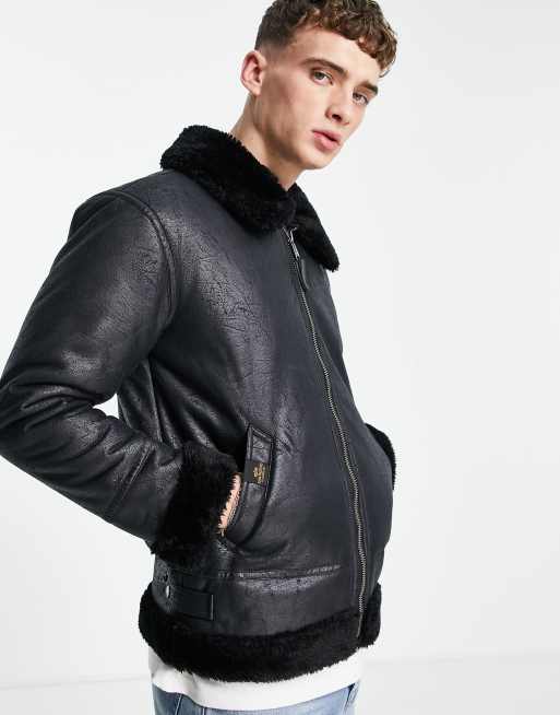 Alpha Industries B3 faux leather shearling flight jacket in black