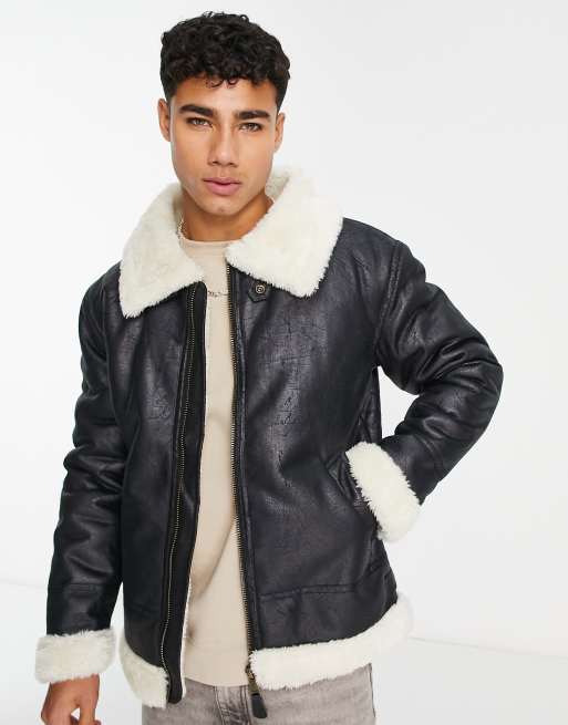 Alpha Industries B3 faux leather shearling flight jacket in black | ASOS