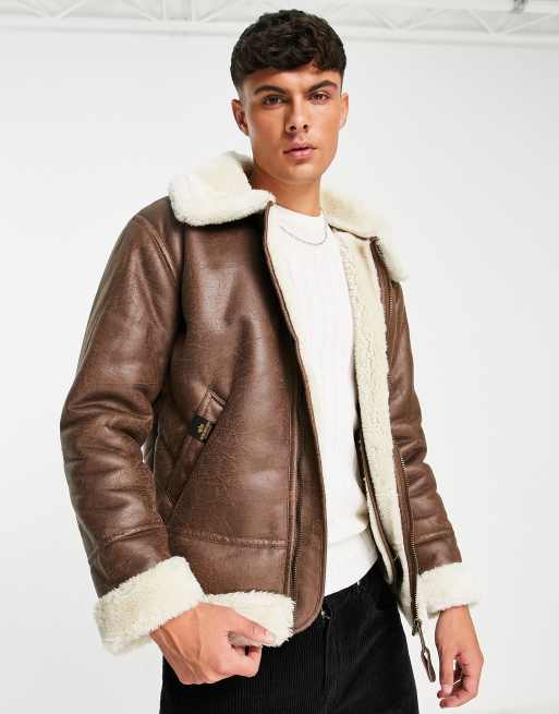 Alpha Industries B3 faux leather shearling flight jacket in brown | ASOS