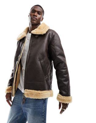 Alpha Industries B3 faux leather shearling flight jacket in brown - ASOS Price Checker