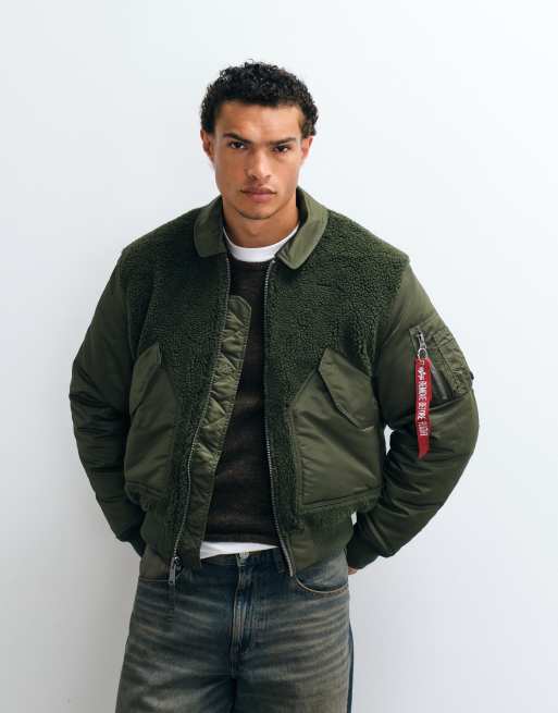 Alpha Industries bomber jacket con dettaglio teddy in verde oliva scuro, 1 di 5
