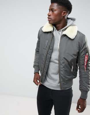 Alpha Industries Bomber Jacket Shearling Collar in Grey Black