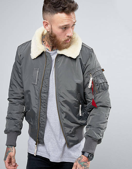 Alpha Industries Bomber Jacket With Sheep Fur Collar In Slim Fit Gray | ASOS